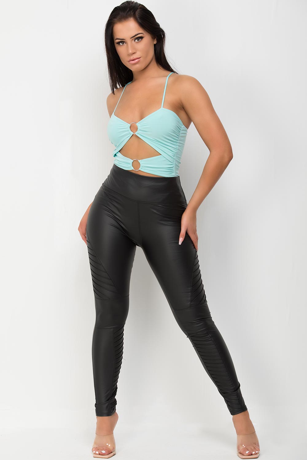 ring detail cut out slinky bodysuit turquoise