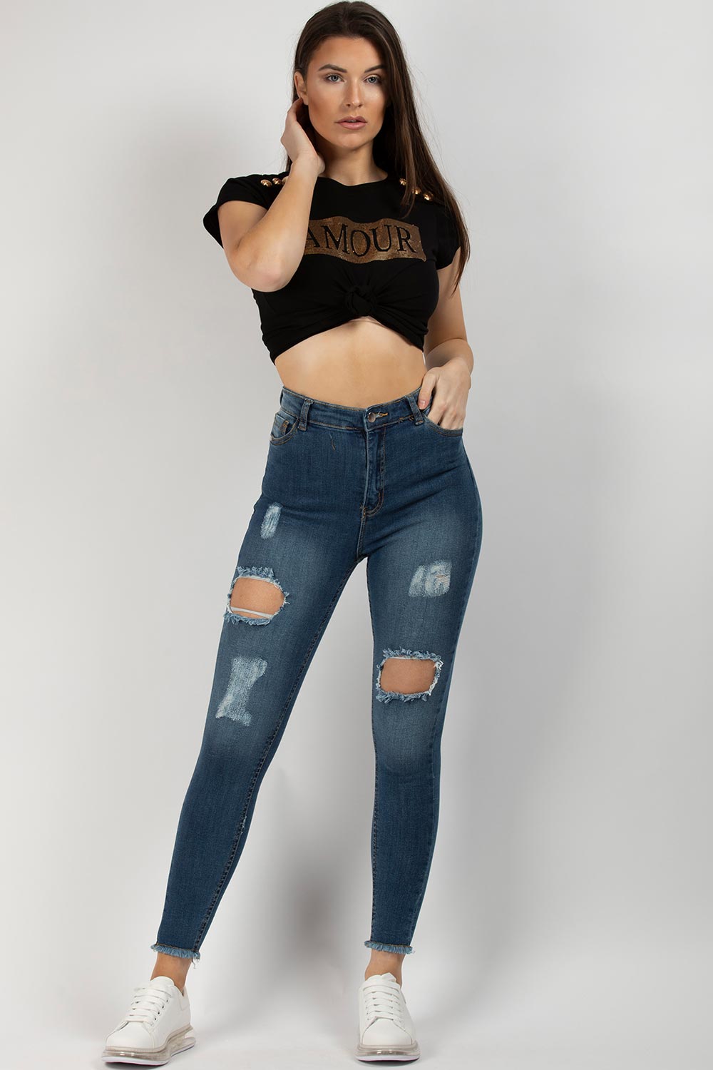 dark wash high waisted ripped skinny jeans