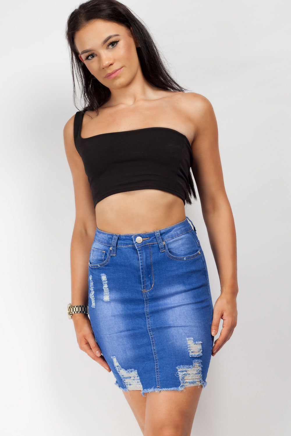 blue denim high waist mini skirt