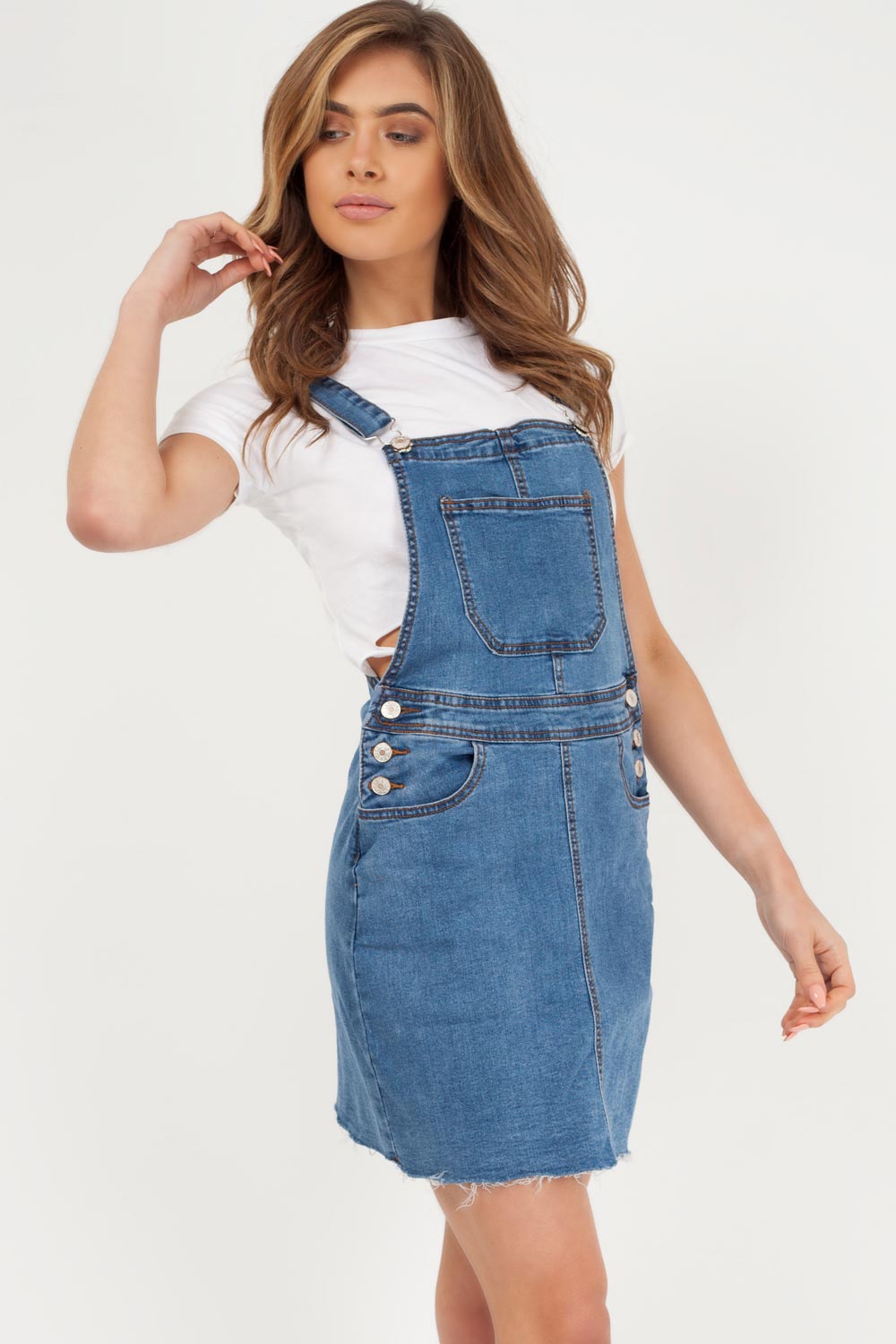 mid wash front pocket denim pinafore dress styledup fashion