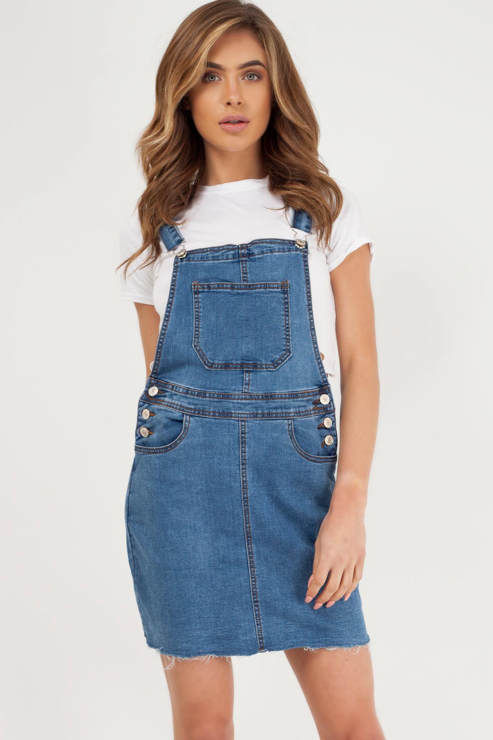 mid wash denim pinafore dress styledup fashion