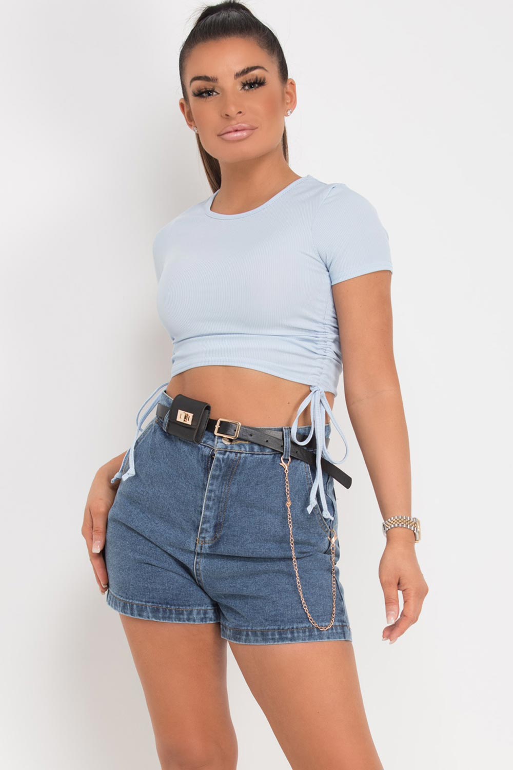 denim blue high waisted shorts with belt