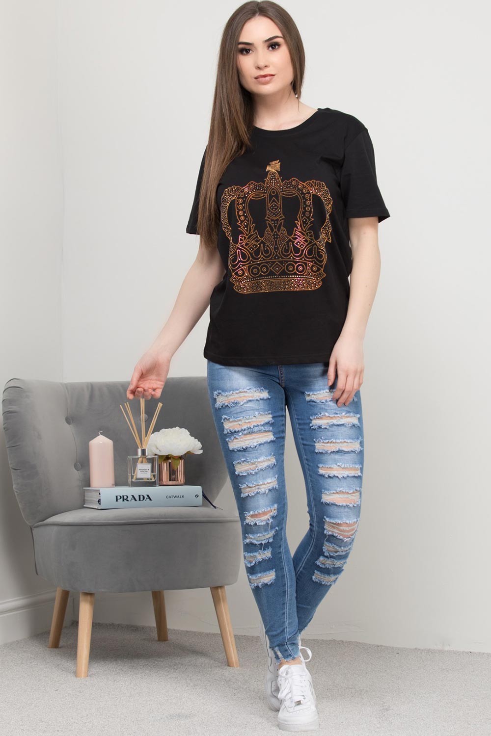 womens crown diamante detail t shirt black