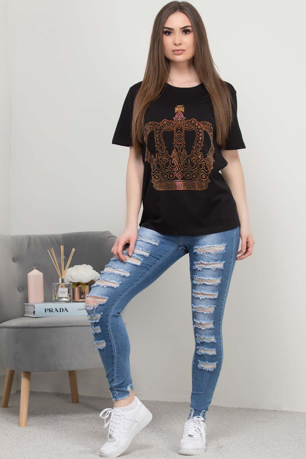 womens oversized t shirt with crown diamante embellishment
