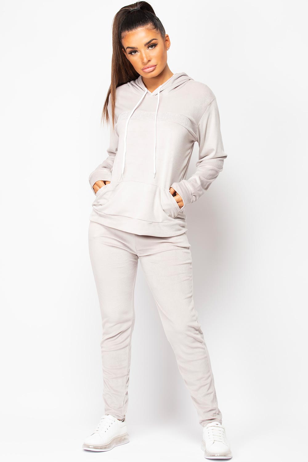 grey velour tracksuit set womens