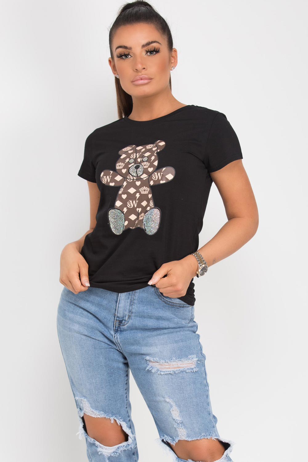 diamante teddy bear t shirt black