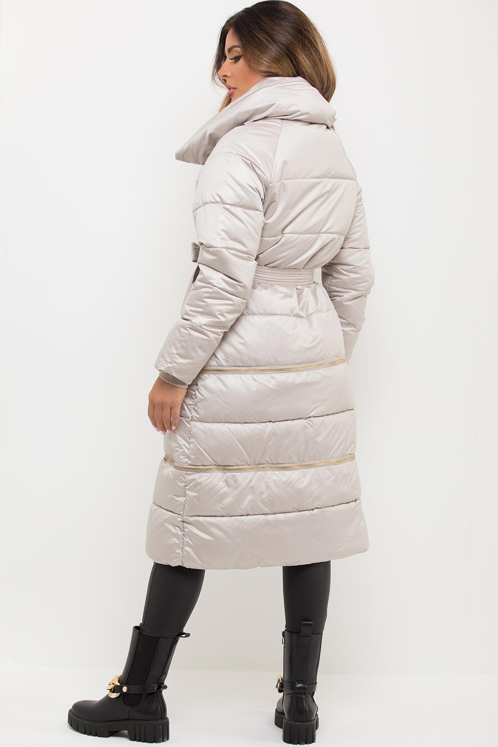 womens long duvet coat with gold buttons