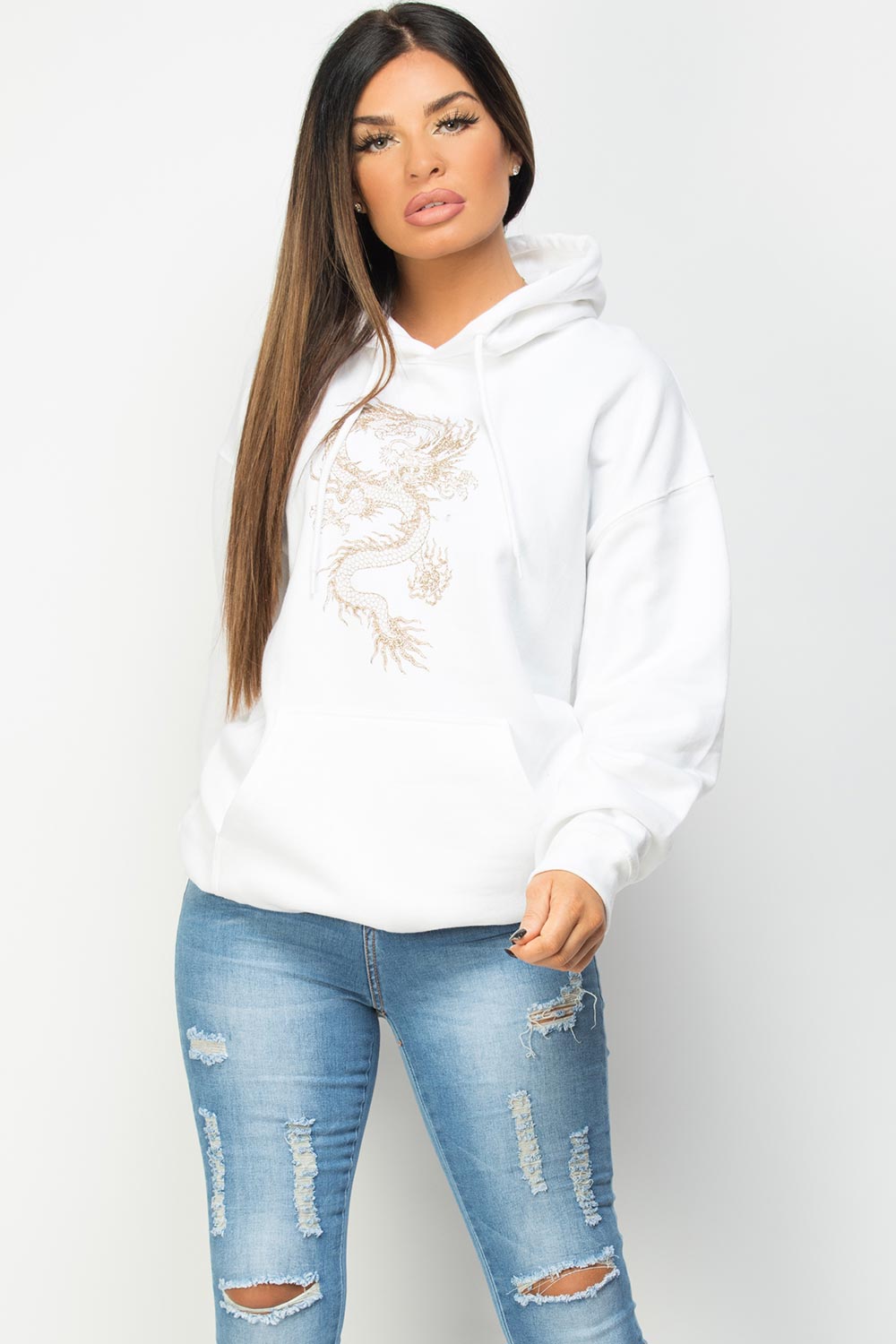 white hoodie with gold dragon print