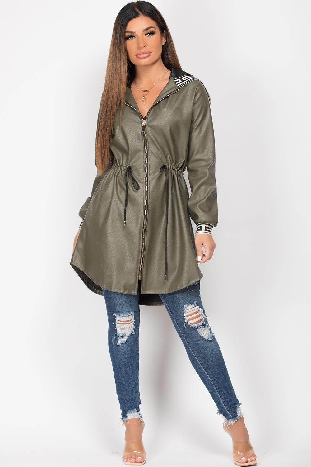faux leather hooded jacket khaki