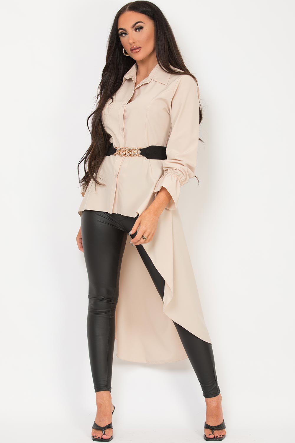womens high low hem shirt with gold chain belt