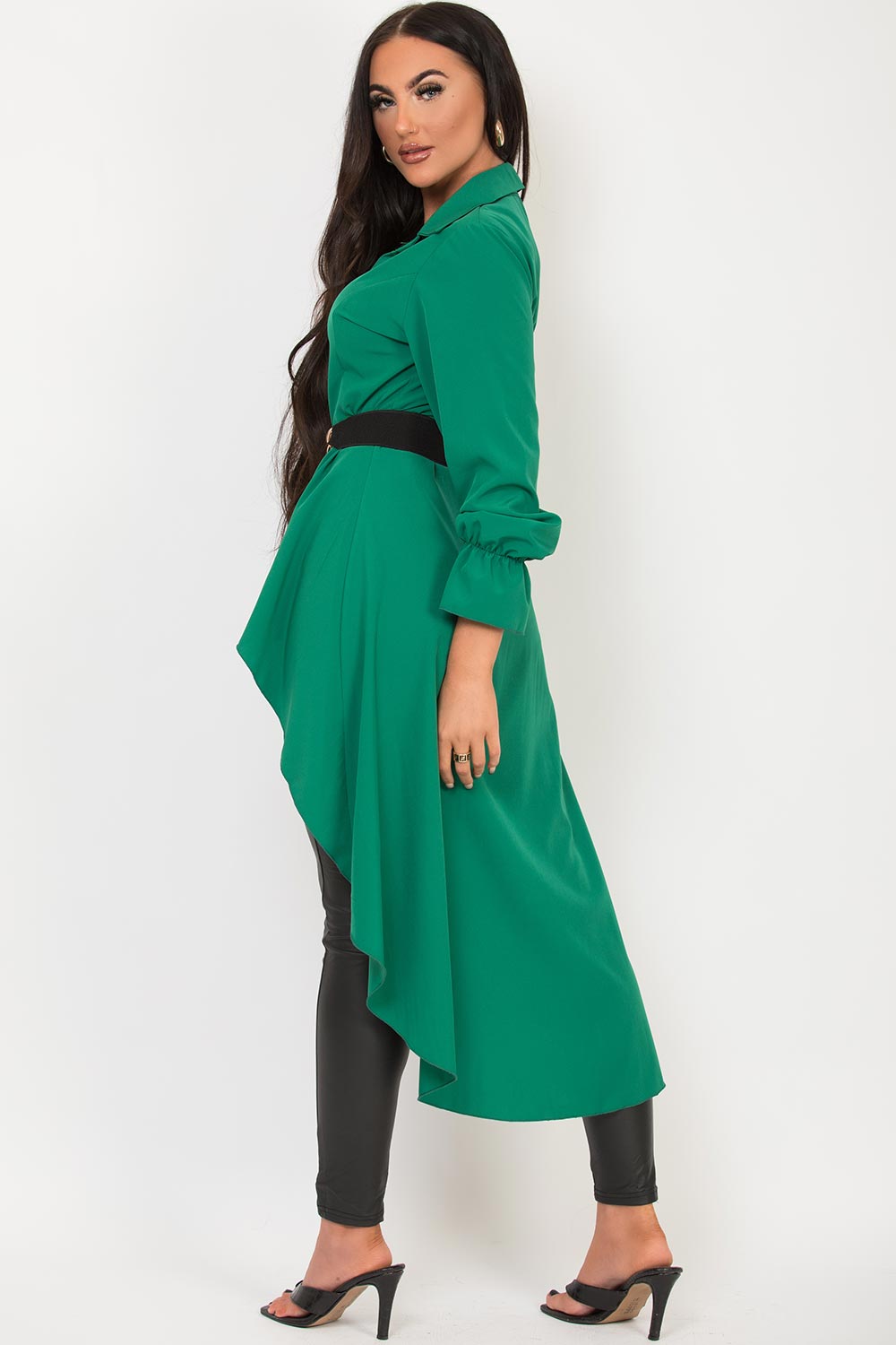 high low hem shirt with gold chain belt