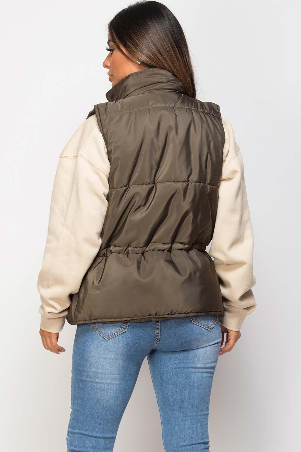 khaki puffer gilet with drawstring waist