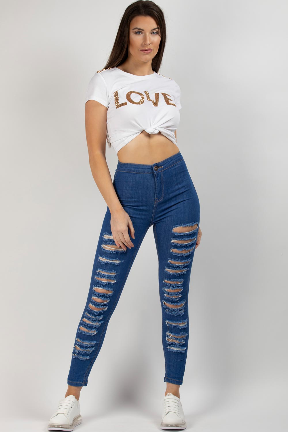Mid Wash Blue Multi Rip High Waist Skinny Jeans