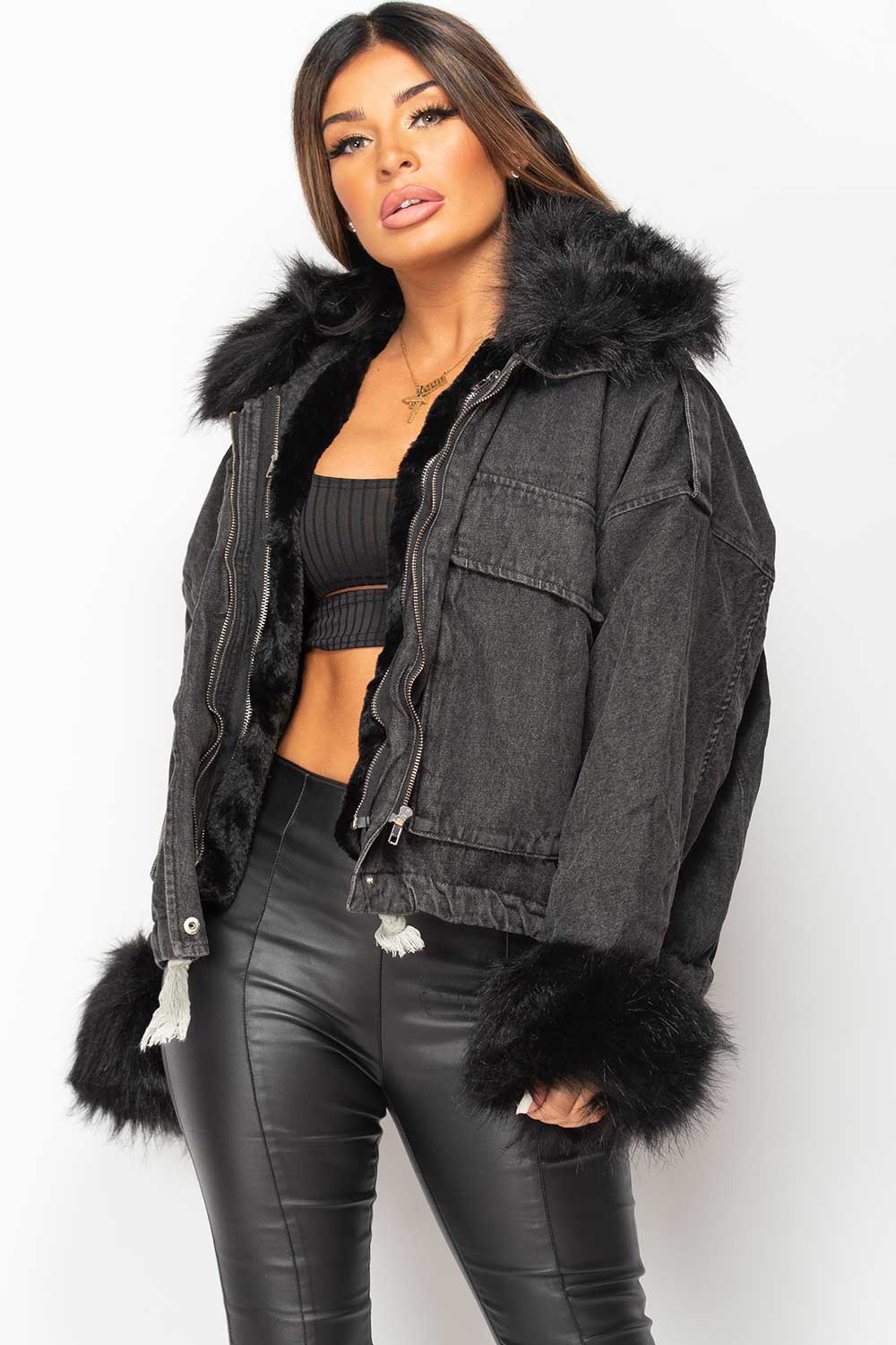 black faux fur denim jacket