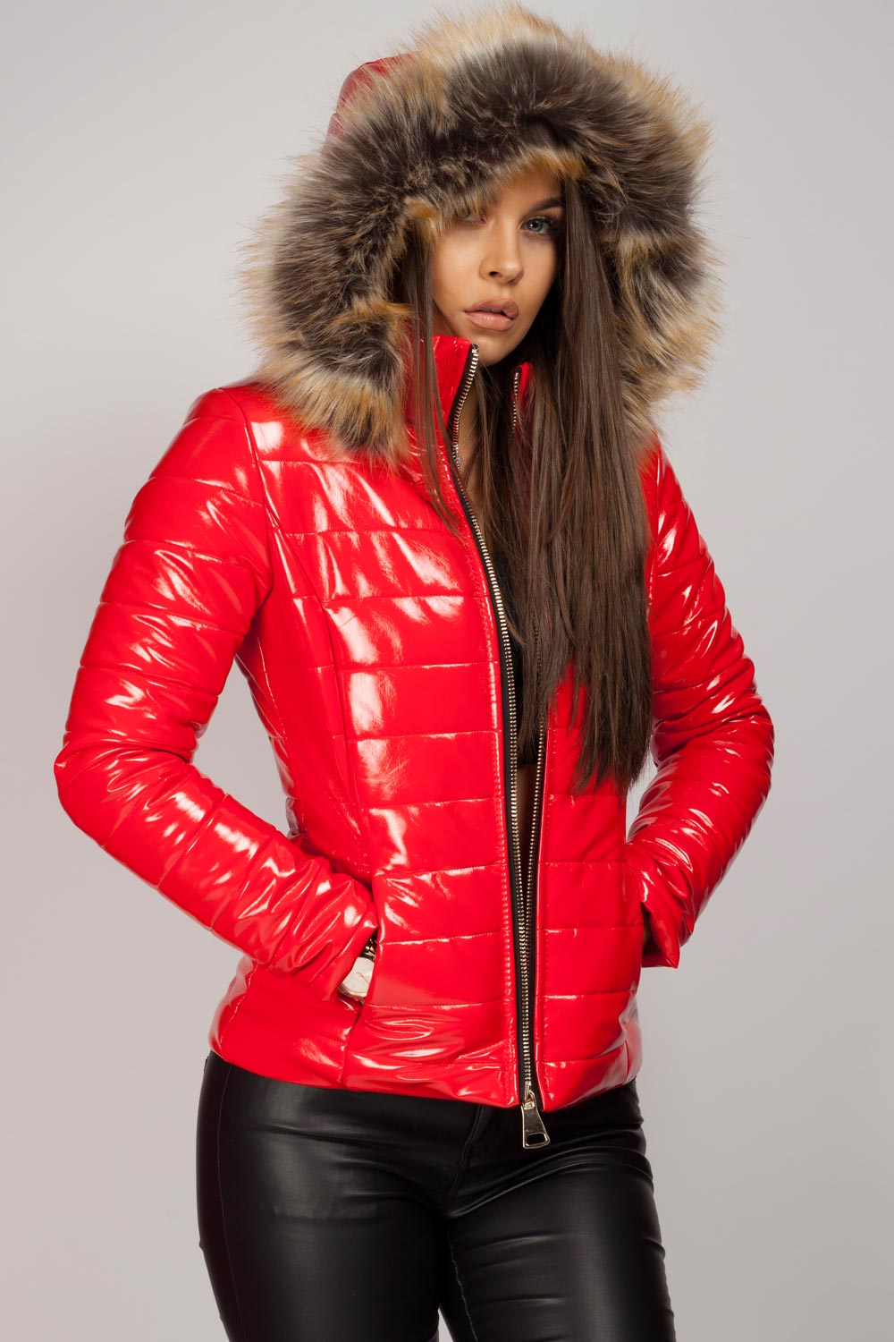 red wetlook faux fur hood jacket womens