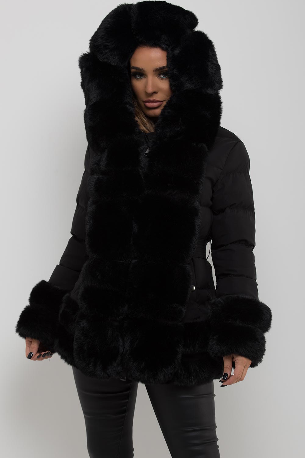 womens puffer padded jacket with fur hood cuff and trim