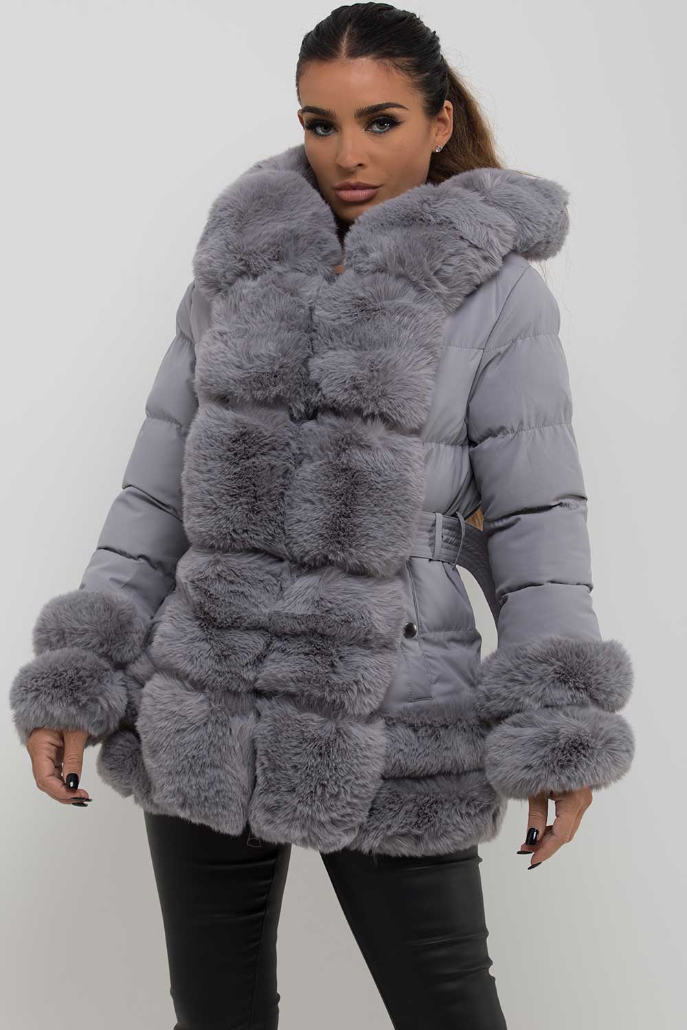 puffer padded jacket with fur hood cuff and trim