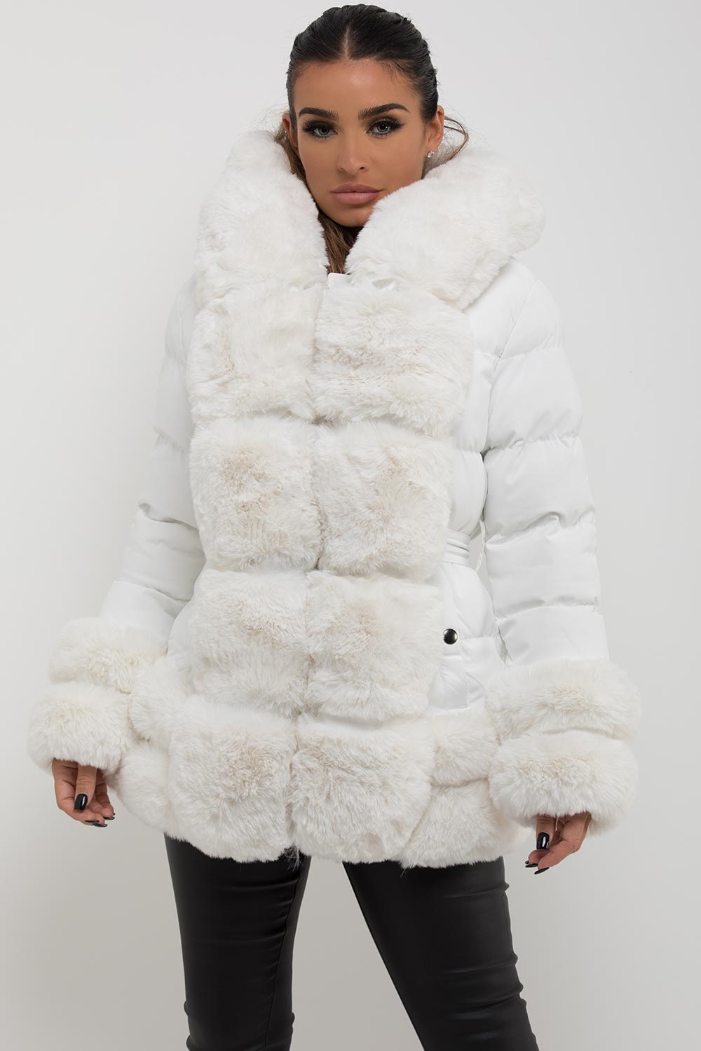 puffer jacket with fur hood cuff and trim
