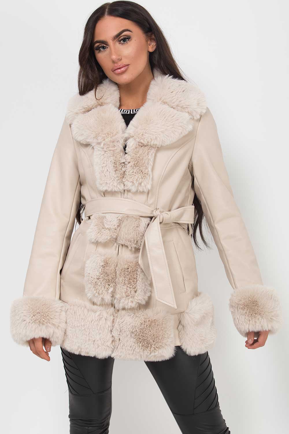 faux fur pu leather coat womens