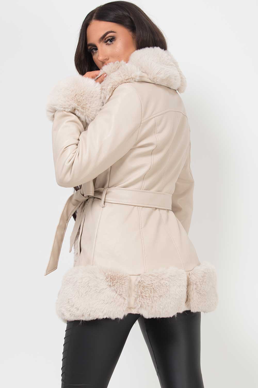 faux fur faux leather jacket with belt beige