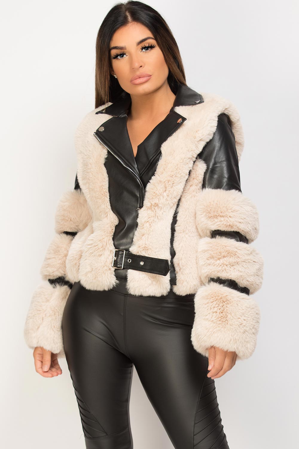 beige faux fur faux leather aviator jacket