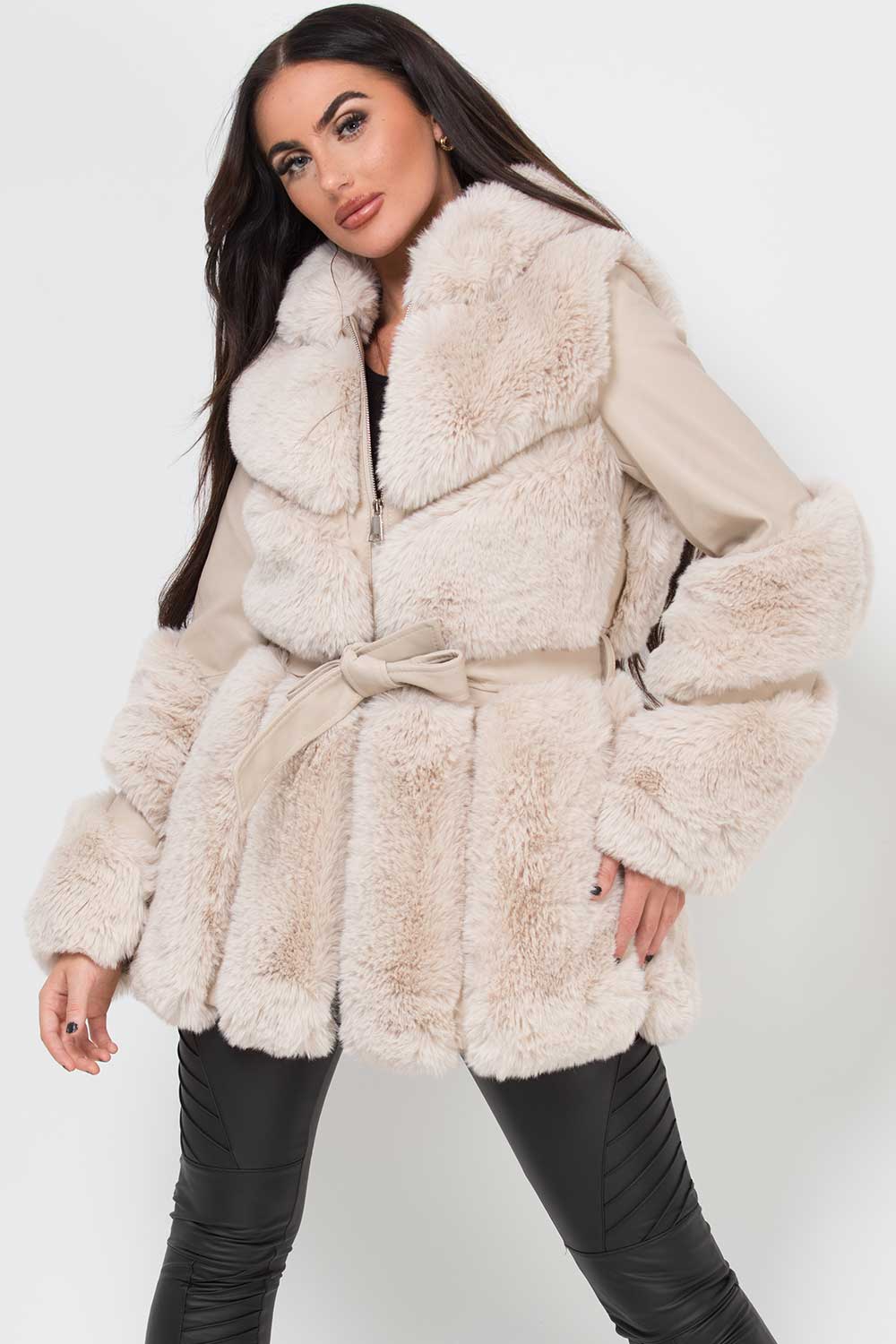 faux fur faux leather hooded coat womens