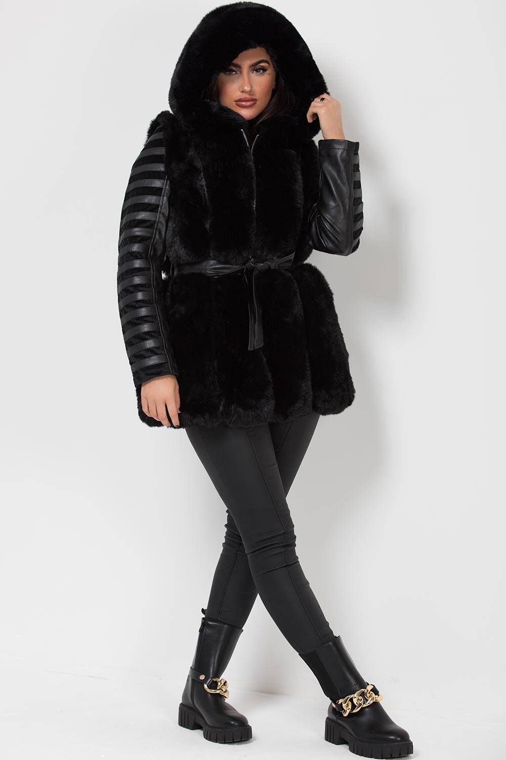 faux fur faux leather jacket with hood