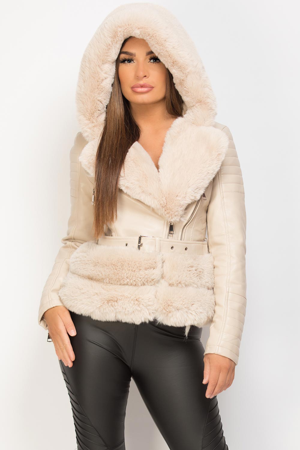 faux fur hooded faux leather belted jacket