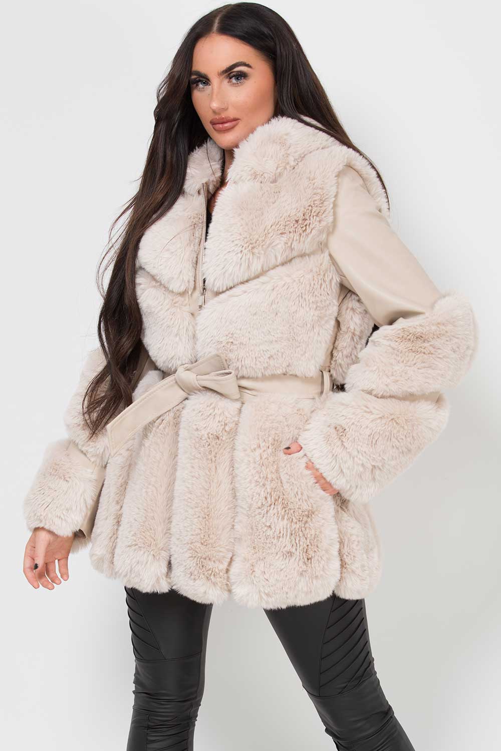 cream faux fur faux leather coat with hood