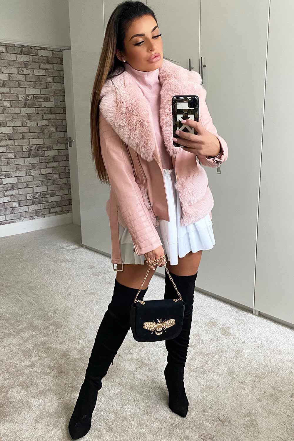 faux fur jacket with belt pink