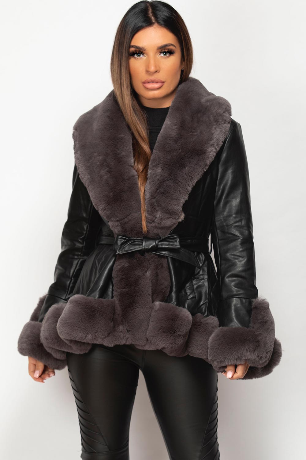 black faux fur faux leather belted jacket