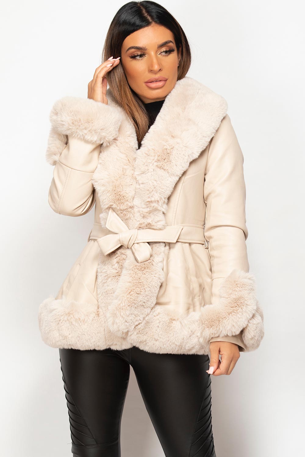 cream faux fur collar jacket with belt