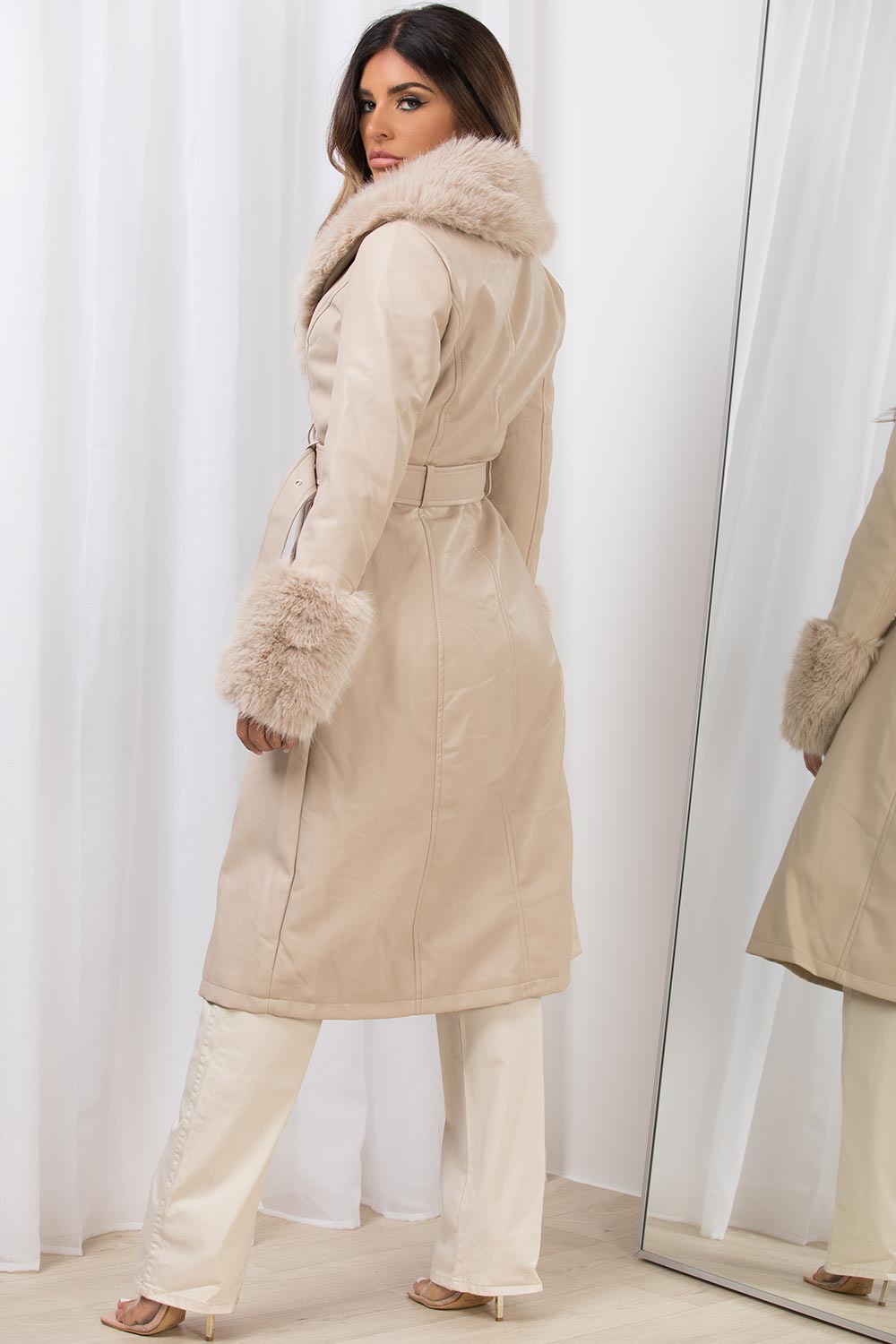 long faux leather jacket with faux fur trim and cuff womens