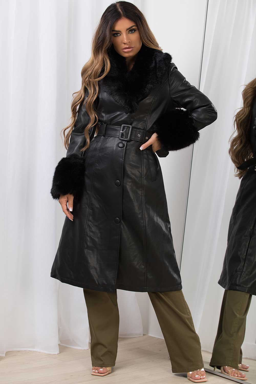 womens long faux fur faux leather jacket with belt
