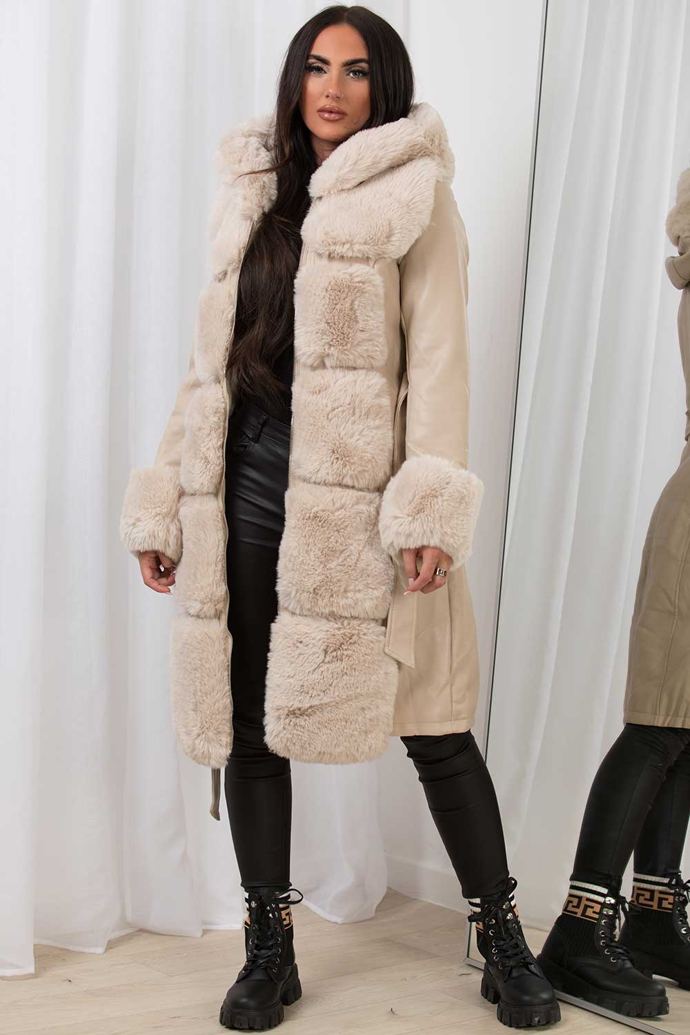 faux fur faux leather jacket with belt
