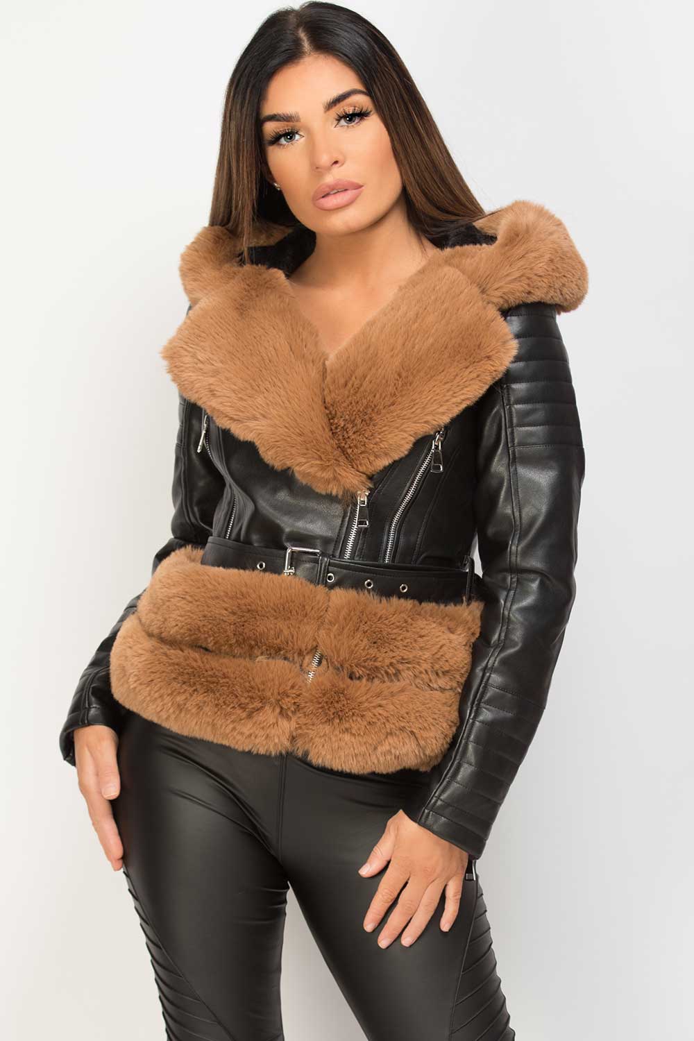 brown faux fur hooded biker jacket