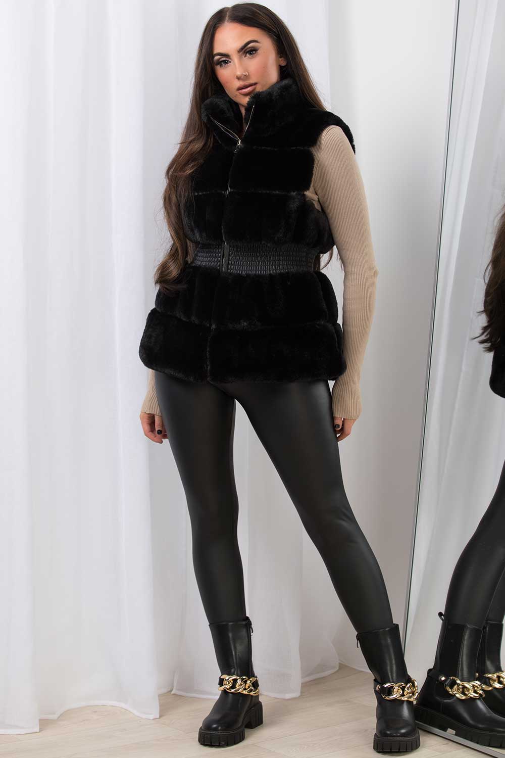 womens black faux fur gilet