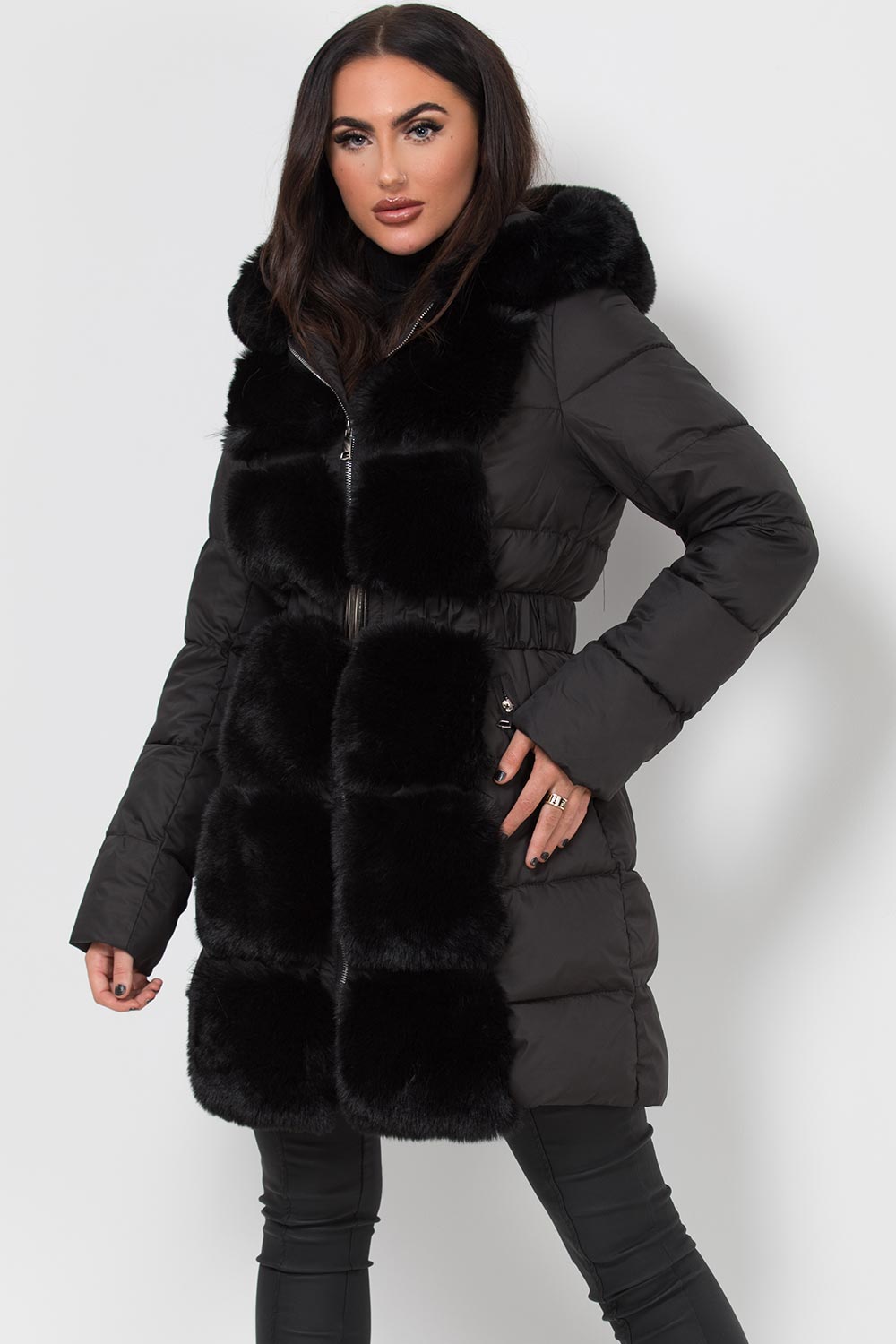 black puffer coat with faux fur trim hooded