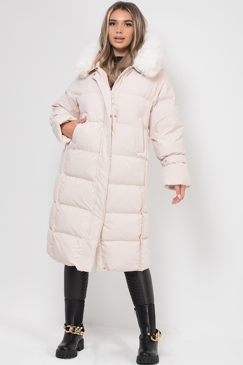 faux fur hood longline puffer down coat