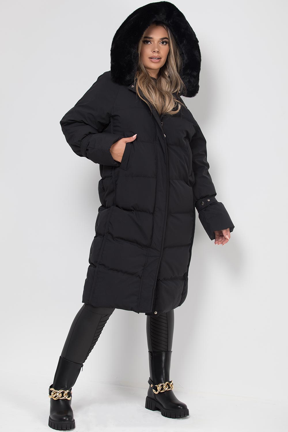 faux fur hood puffer down coat womens