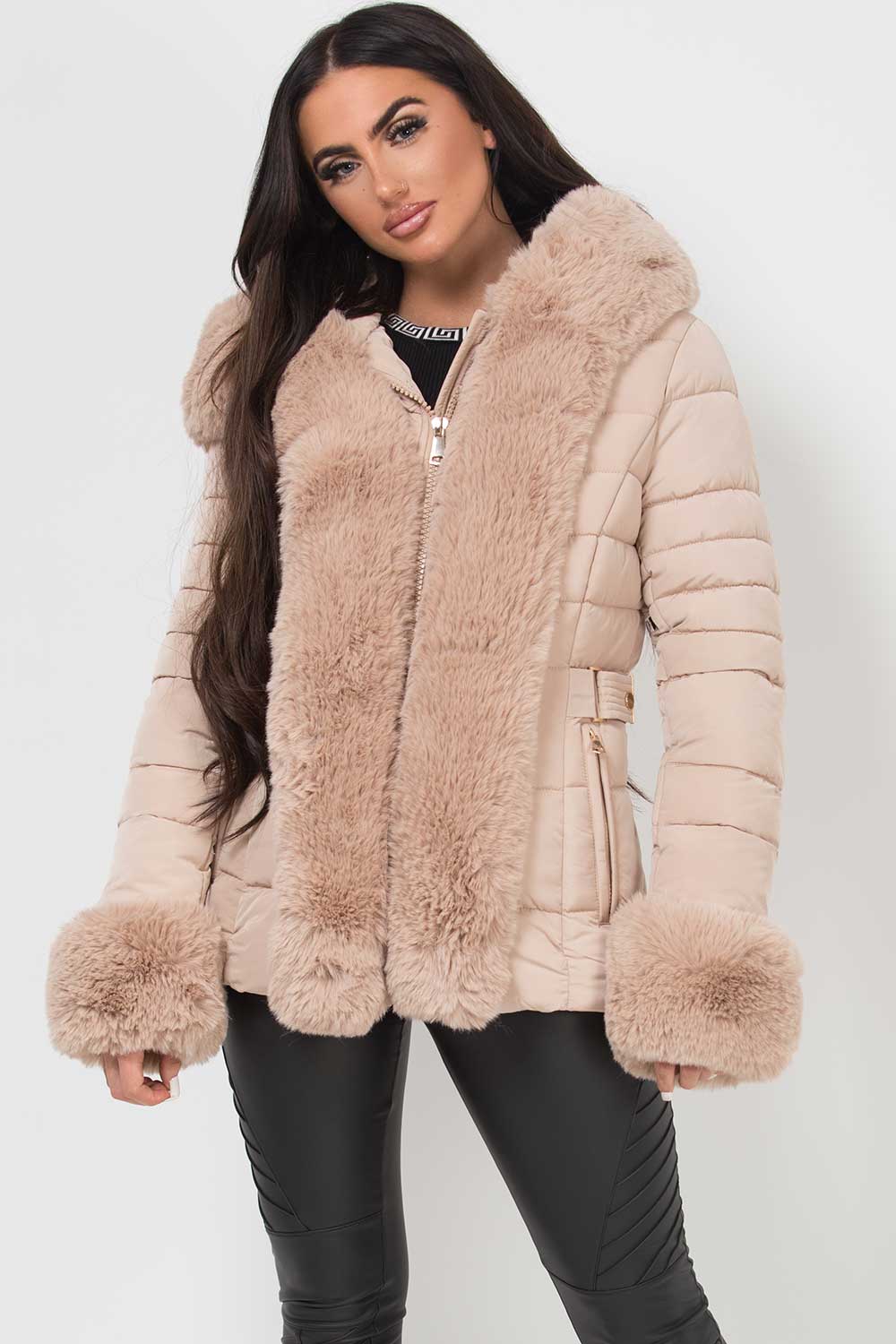 faux fur trim puffer down coat beige