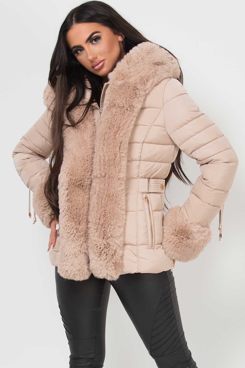 beige faux fur hood down coat