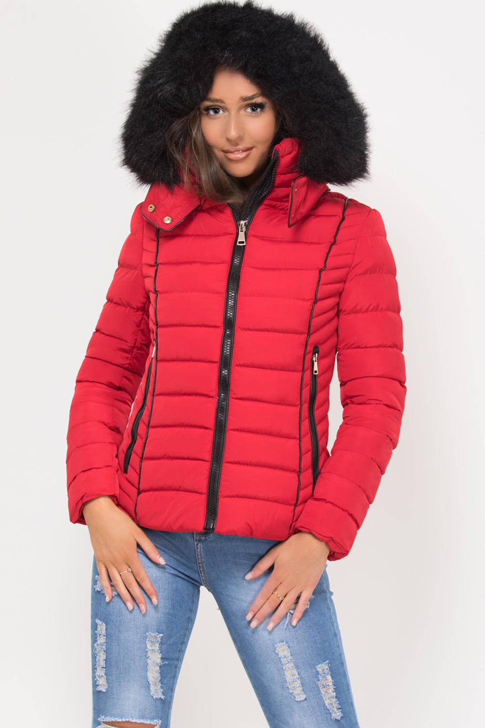 padded puffer jacket with faux fur hood