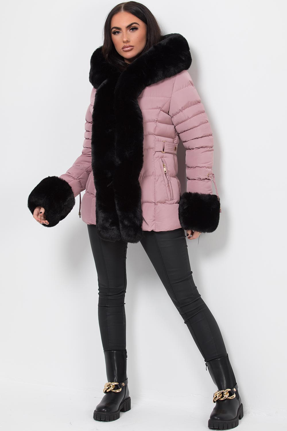 pink faux fur hood puffer coat