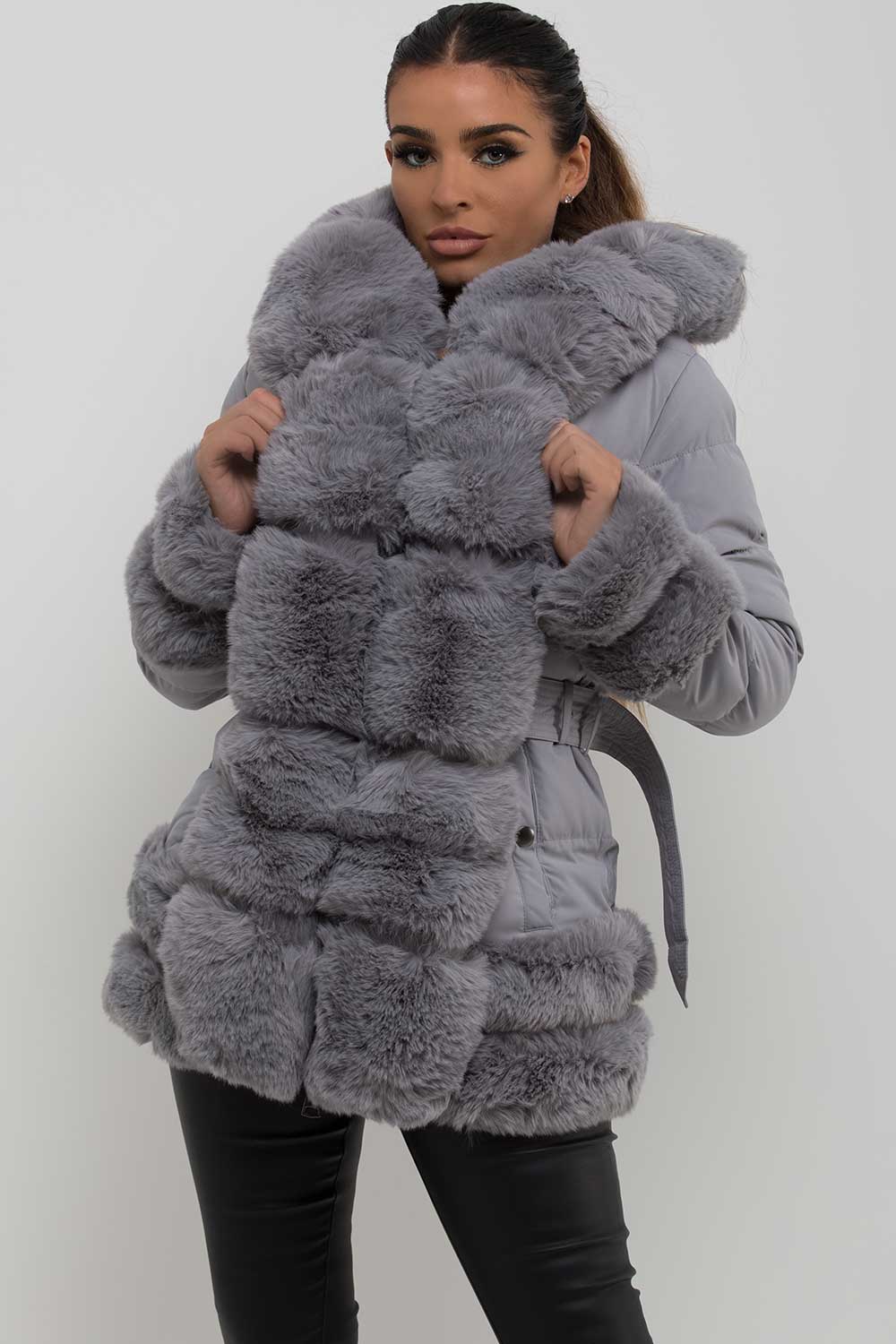 fur hood cuff and trim puffer padded jacket with belt womens