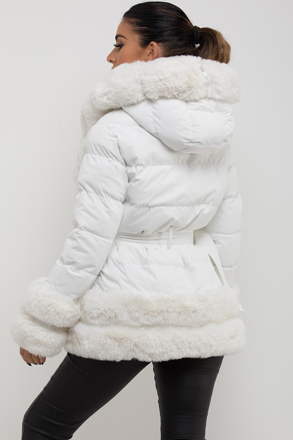 womens padded puffer jacket with faux fur hood cuff and trim