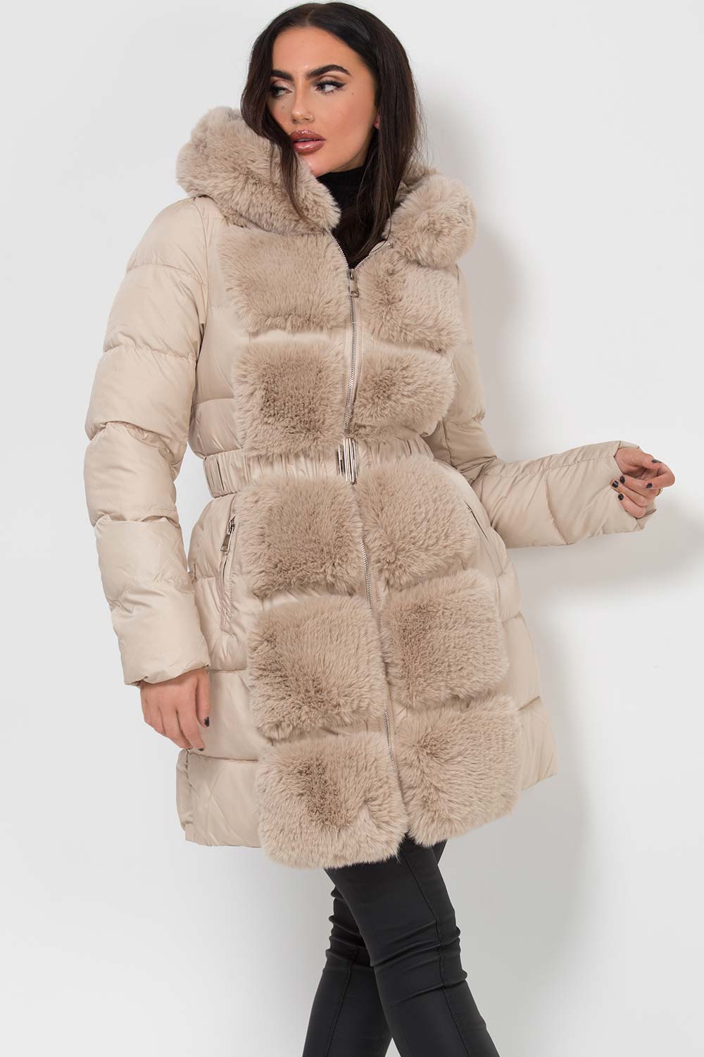 padded puffer jacket with faux fur hood and trim