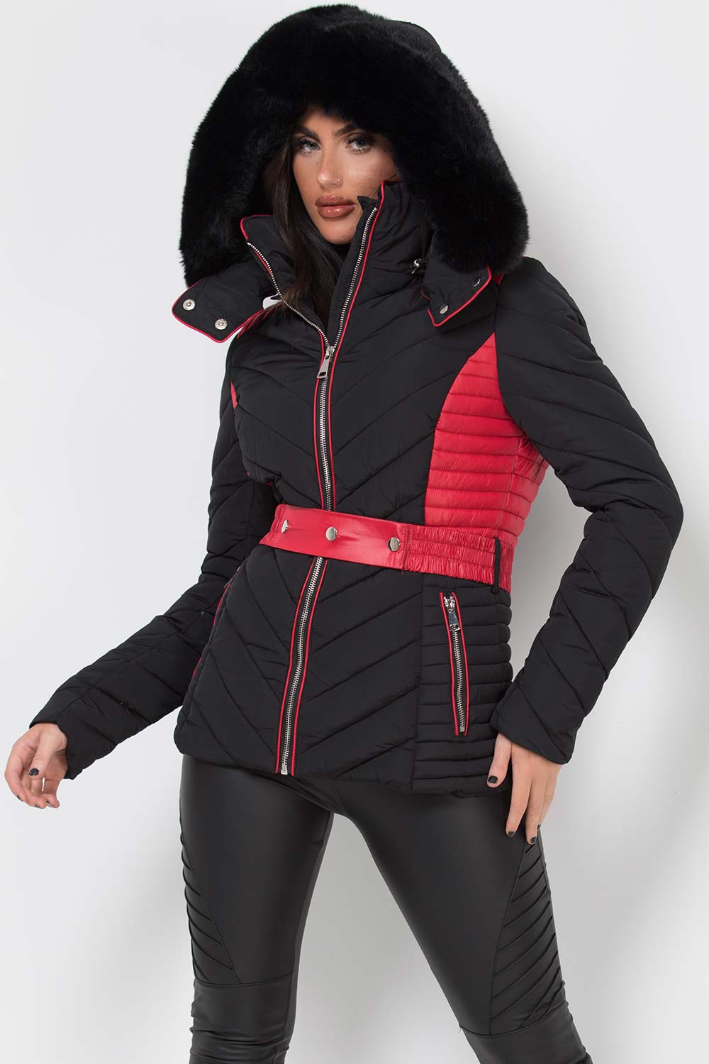 womens padded puffer coat with fur hood