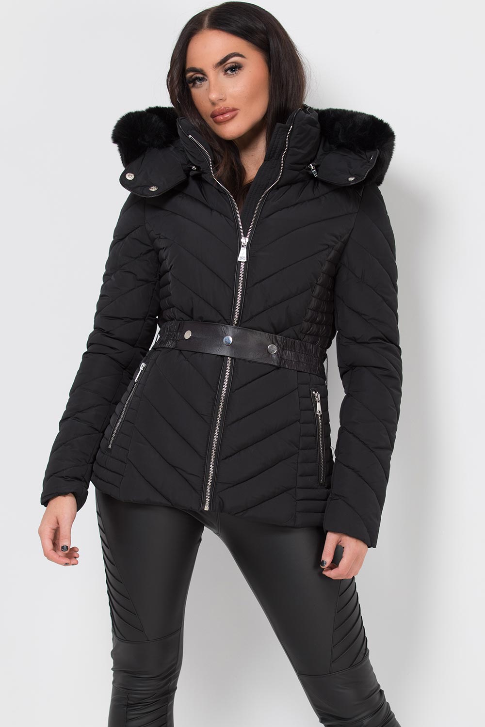 faux fur hood quilted padded puffer jacket with belt womens