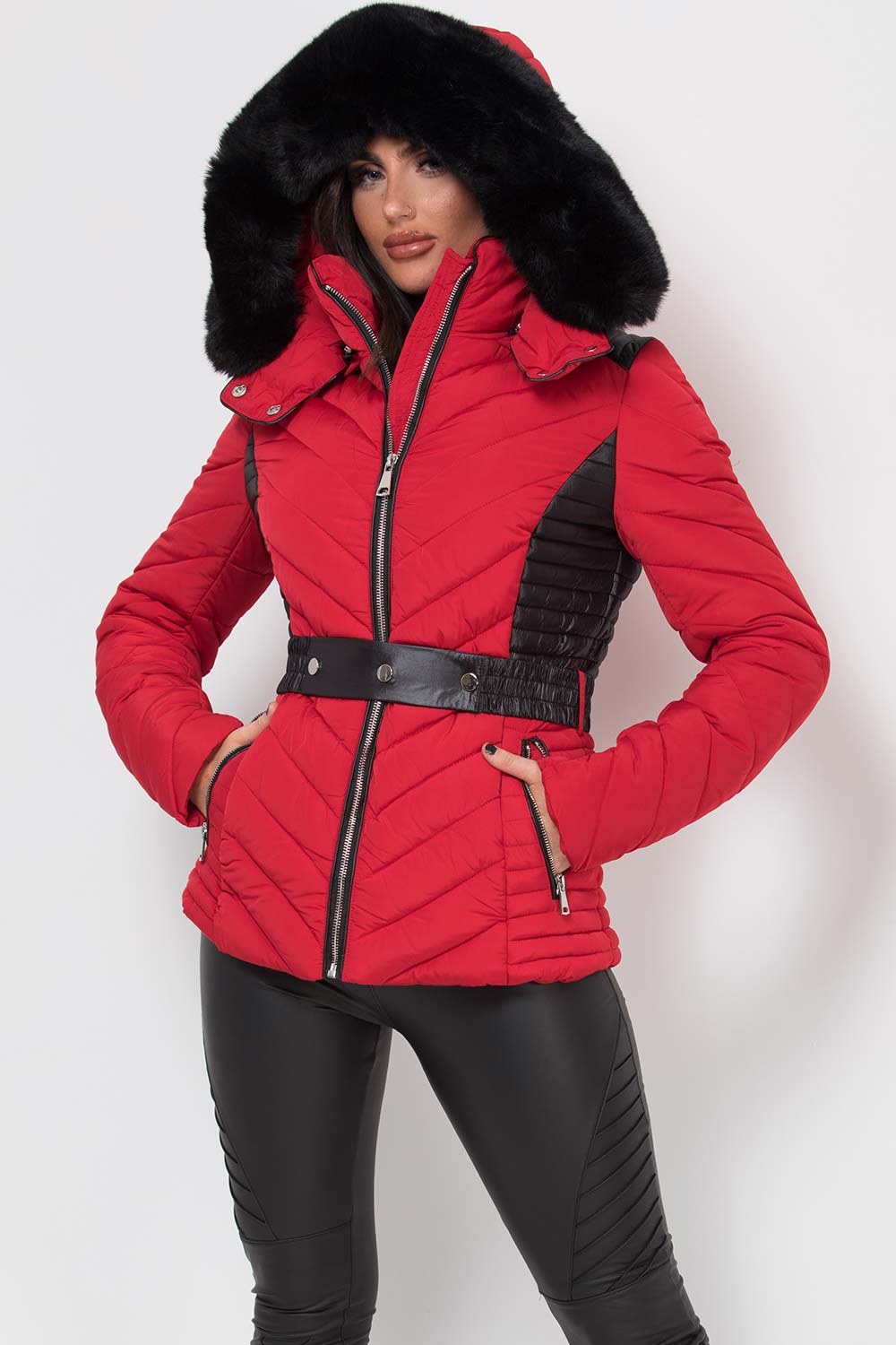 womens puffer padded quilted jacket with faux fur hood red